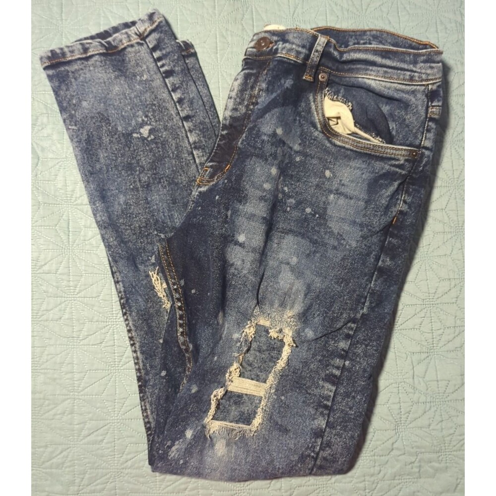 Evolution In Design Men's Artic Blue Acid Wash Distressed Slim Fit Jeans 40x32